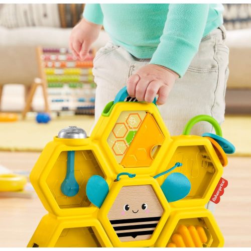  Fisher-Price Busy Activity Hive, bee-themed coin drop activity toy with real wood and metal details for baby ages 9 months and older