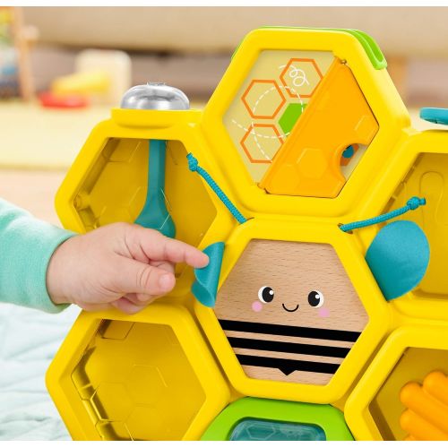  Fisher-Price Busy Activity Hive, bee-themed coin drop activity toy with real wood and metal details for baby ages 9 months and older