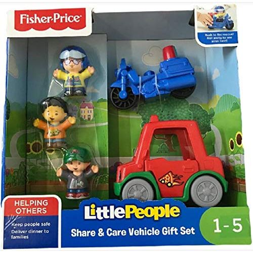  Fisher-Price Little People Share & Care Vehicle Gift Set with Police Motorcycle and Pizza Delivery Car