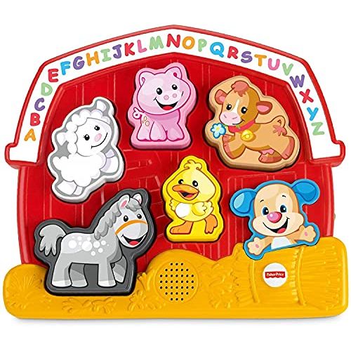 Fisher-Price Laugh & Learn Farm Animal Puzzle, electronic shape sorting toy with music and animal sounds , Red