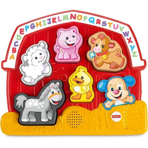  Fisher-Price Laugh & Learn Farm Animal Puzzle, electronic shape sorting toy with music and animal sounds , Red