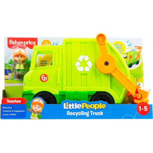  Fisher-Price Little People Recycling Truck, push-along musical toy with figure for toddlers and preschool kids ages 1 to 5 years