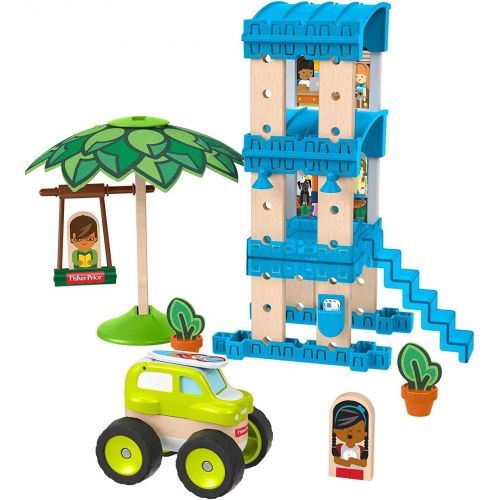  Fisher-Price Wonder Makers Design System Beach Bungalow - 35+ Piece Building and Wooden Track Play Set for Ages 3 Years & Up