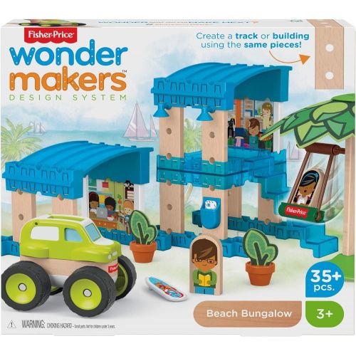  Fisher-Price Wonder Makers Design System Beach Bungalow - 35+ Piece Building and Wooden Track Play Set for Ages 3 Years & Up