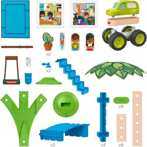  Fisher-Price Wonder Makers Design System Beach Bungalow - 35+ Piece Building and Wooden Track Play Set for Ages 3 Years & Up