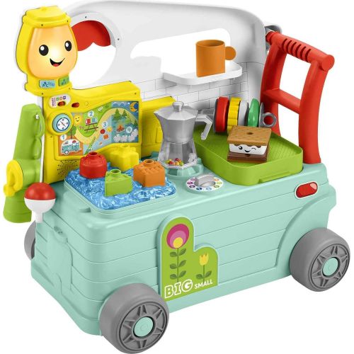  Fisher-Price Laugh & Learn On-the-Go Camper, Musical Push-Along Walker and Activity Center for Infants and Toddlers Ages 9-36 Months, Multi color, 3 Smart Stages in 1