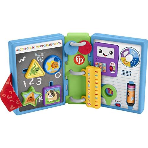  Fisher-Price Laugh & Learn 123 Schoolbook, electronic activity toy with lights, music, and Smart Stages learning content for infants and toddlers, Blue, Green, Purple, White.