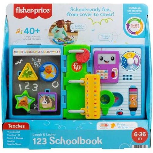  Fisher-Price Laugh & Learn 123 Schoolbook, electronic activity toy with lights, music, and Smart Stages learning content for infants and toddlers, Blue, Green, Purple, White.