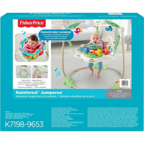  Fisher-Price Rainforest Jumperoo, freestanding baby activity center with lights, music, and toys