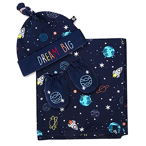  Fisher Price Space Explorer Collection Swaddle Blanket with Hat, Mittens for Ages 0-6 Months