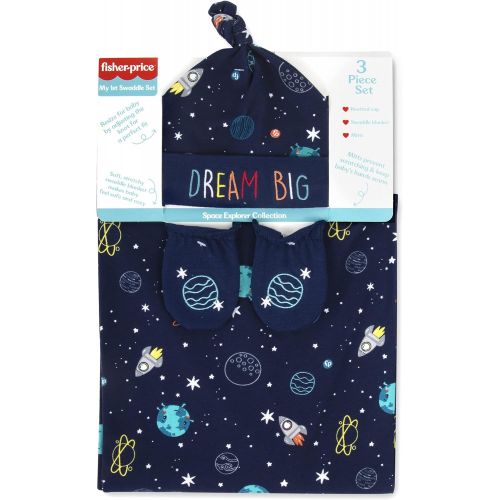  Fisher Price Space Explorer Collection Swaddle Blanket with Hat, Mittens for Ages 0-6 Months