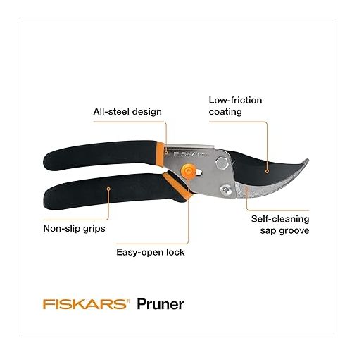  Fiskars Bypass Pruning Shears 5/8” Garden Clippers - Plant Cutting Scissors with Sharp Precision-Ground Steel Blade