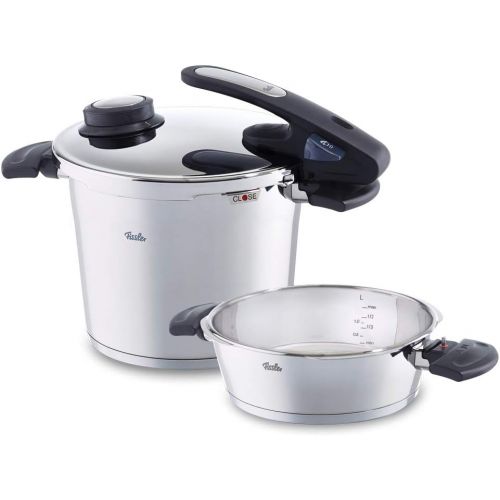  Fissler vitavit edition design / Induktions-Schnellkochtopf-Set, 2-teilig (6 L und 2,5 L - Ø 22 cm) Edelstahl-Dampfkochtopf und Schnell-Bratpfanne, 2 Garstufen, alle Herdarten auch