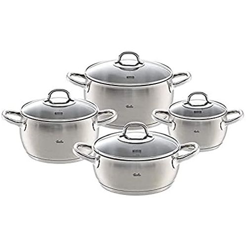  Fissler Valea Set of 4 Stainless Steel Saucepans with Glass Lid Suitable for All Hobs (3 Saucepans and 1 Stewing Pots