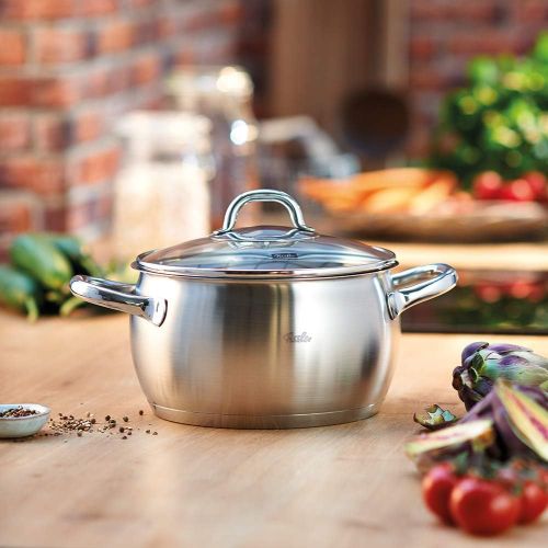  Fissler Valea Set of 4 Stainless Steel Saucepans with Glass Lid Suitable for All Hobs (3 Saucepans and 1 Stewing Pots