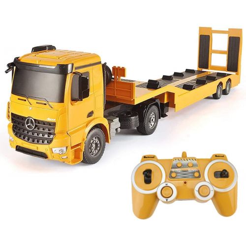  DOUBLE E Fistone RC Truck Licensed Mercedes-Benz Acros Detachable Flatbed Semi-Trailer Engineering Tractor Remote Control Low Loader Die-Cast Car Model Kids Electronics Hobby Toy with Sound