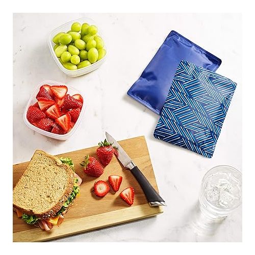  Cool Coolers by Fit & Fresh 2 Pack Soft Ice, Flexible Stretch Nylon Reusable Ice Packs for Lunch Boxes & Coolers, Navy Sketch Weave & Blue