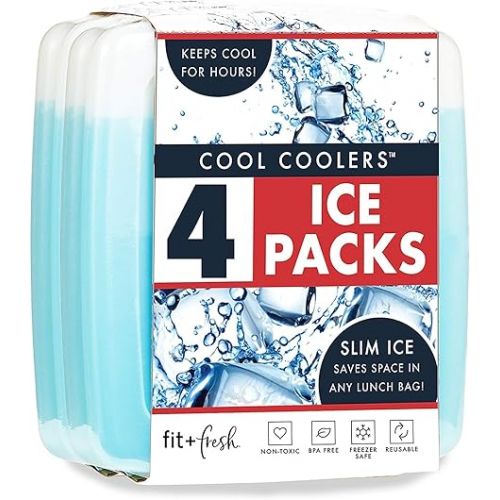  Cool Coolers By Fit & Fresh 4 Pack Slim Ice Packs, Quick Freeze Space Saving Reusable Ice Packs for Lunch Boxes or Coolers, Blue