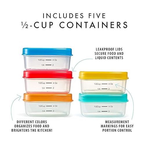  Fit & Fresh 1/2-Cup Snack Set, Condiment & Salad Dressing Containers, Reusable & Leakproof Lunch Containers, Perfect for Insulated Lunch Bag, Lunch Box & More, 5PK, Multicolor