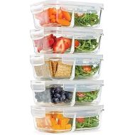 Fit & Fresh Divided, 5-Pack, Two Compartments, Set of 5 Containers with Locking Lids, Glass Storage, Meal Prep Containers with Airtight Seal, 27 oz.