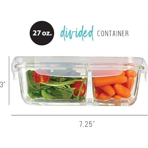  Fit & Fresh Divided, 5-Pack, Two Compartments, Set of 5 Containers with Locking Lids, Glass Storage, Meal Prep Containers with Airtight Seal, 27 oz.