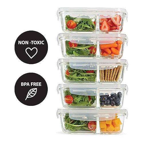  Fit & Fresh Divided, 5-Pack, Two Compartments, Set of 5 Containers with Locking Lids, Glass Storage, Meal Prep Containers with Airtight Seal, 27 oz.