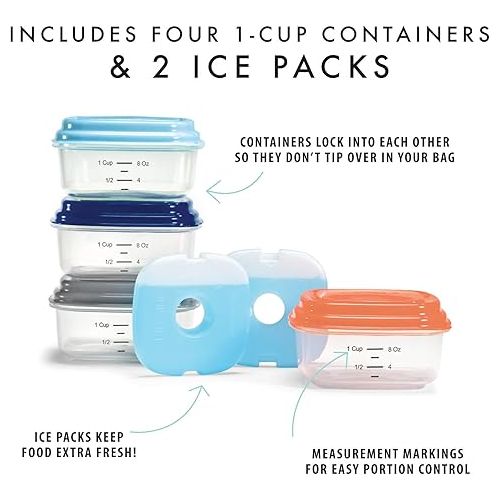  Fit & Fresh Small Plastic Containers With Lids 8 oz, Small Snack Containers With Lids For Adults and Kids, Reusable Leakproof Dressing and Condiment Containers With Two Attachable Ice Packs, 4PK, Light