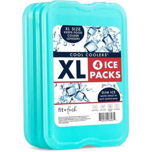  Cool Coolers by Fit & Fresh 4 Pack XL Slim Ice Packs, Quick Freeze Space Saving Reusable Ice Packs for Lunch Boxes or Coolers, Green