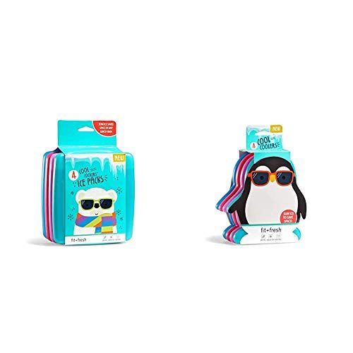  Fit & Fresh Cool Coolers Slim Reusable Ice Packs, Set of 4, Multicolored & Cool Coolers, Slim Ice Packs for Lunch Boxes, Bags and Coolers, Penguin Shapes for Kids, Set of 4, Multic