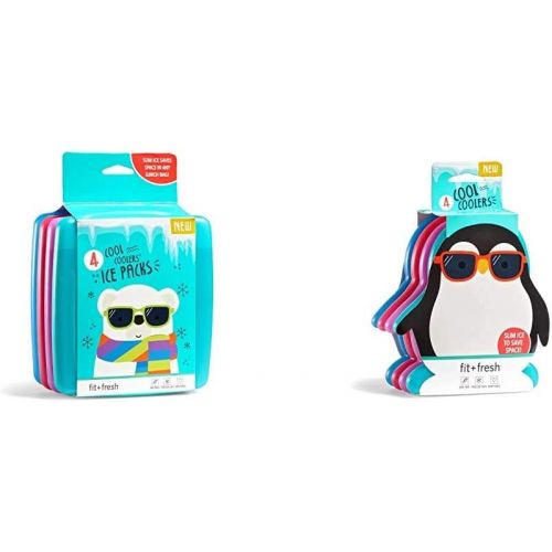  Fit & Fresh Cool Coolers Slim Reusable Ice Packs, Set of 4, Multicolored & Cool Coolers, Slim Ice Packs for Lunch Boxes, Bags and Coolers, Penguin Shapes for Kids, Set of 4, Multic