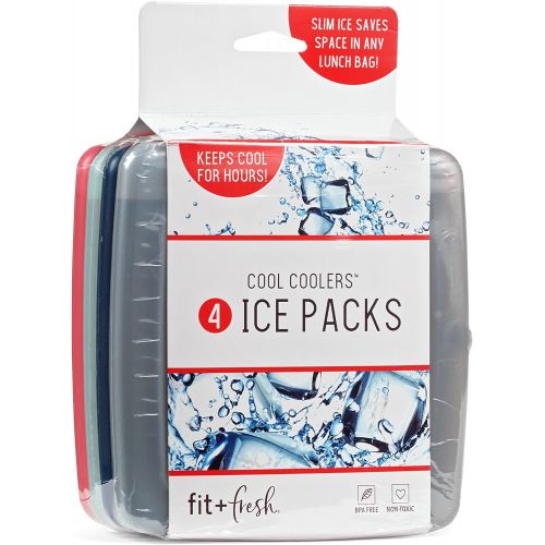  Fit + Fresh Cool Coolers Slim Ice Packs, Reusable Ice Packs for Lunch Bags, Beach Bags, Coolers, and More, Set of 4, Multicolored