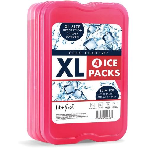  Cool Coolers by Fit + Fresh Slim Compact Reusable XL Ice Pack, Perfect for Lunch Boxes, Coolers, and Beach Bags, Pink, 4 Pack