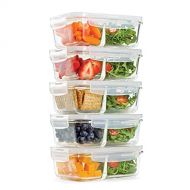 Fit & Fresh Divided Glass Containers, 5-Pack, Two Compartments, Set of 5 Containers with Locking Lids, Glass Storage, Meal Prep Containers with Airtight Seal, 27 oz.: Kitchen & Din