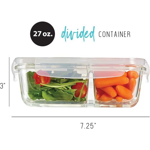 Fit & Fresh Divided Glass Containers, 5-Pack, Two Compartments, Set of 5 Containers with Locking Lids, Glass Storage, Meal Prep Containers with Airtight Seal, 27 oz.: Kitchen & Din