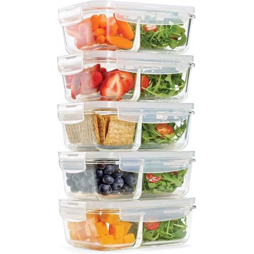  Fit & Fresh Divided Glass Containers, 5-Pack, Two Compartments, Set of 5 Containers with Locking Lids, Glass Storage, Meal Prep Containers with Airtight Seal, 27 oz.: Kitchen & Din
