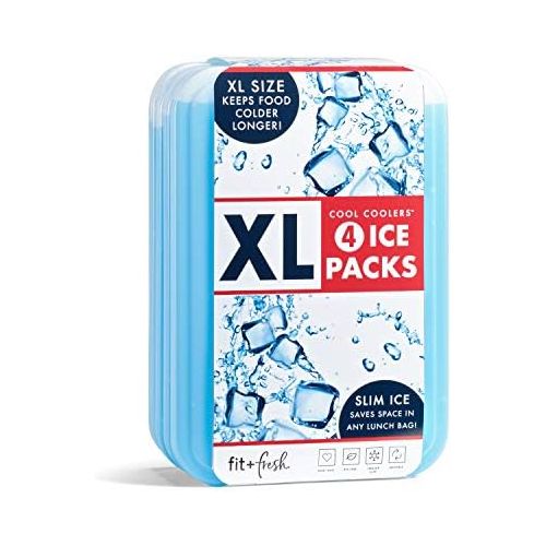  [아마존베스트]Fit & Fresh XL Cool Coolers Freezer Slim Ice Pack for Lunch Box, Set of 4, Large, Blue