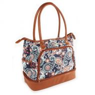 Fit & Fresh Voyager Travel/Commuter Tote Bag with Insulated Section for Lunch, Snacks and Drinks, Carry On, Zippered Shoulder Bag, Navy Orange Paisley