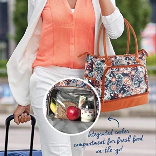  Fit & Fresh Voyager Travel/Commuter Tote Bag with Insulated Section for Lunch, Snacks and Drinks, Carry On, Zippered Shoulder Bag, Navy Orange Paisley