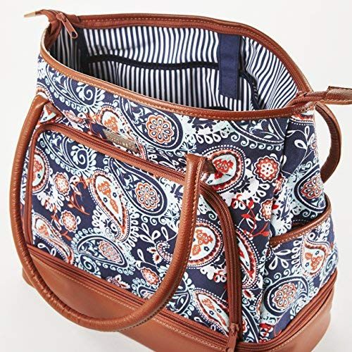  Fit & Fresh Voyager Travel/Commuter Tote Bag with Insulated Section for Lunch, Snacks and Drinks, Carry On, Zippered Shoulder Bag, Navy Orange Paisley