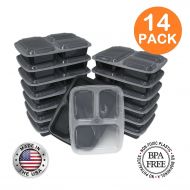 Fit Meal Prep 3 Compartment Meal Prep Containers with Lids, Food Storage Lunch Bento Box with Plate Dividers, US Made, 32 oz, Microwave & Dishwasher Safe, Stackable, Reusable, Black [14 Pack]