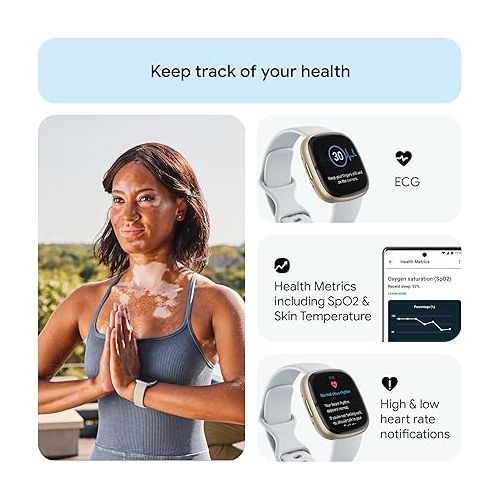  Fitbit Sense 2 Advanced Health and Fitness Smartwatch with Tools to Manage Stress and Sleep, ECG App, SpO2, 24/7 Heart Rate and GPS, Blue Mist/Pale Gold, One Size (S & L Bands Included)