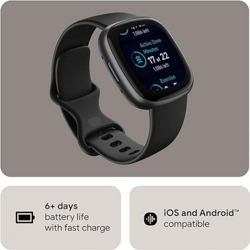  Fitbit Versa 4 Fitness Smartwatch with Daily Readiness, GPS, 24/7 Heart Rate, 40+ Exercise Modes, Sleep Tracking and more, Black/Graphite, One Size (S & L Bands Included)