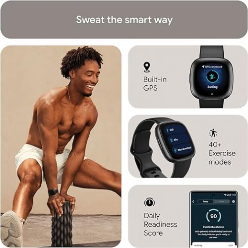  Fitbit Versa 4 Fitness Smartwatch with Daily Readiness, GPS, 24/7 Heart Rate, 40+ Exercise Modes, Sleep Tracking and more, Black/Graphite, One Size (S & L Bands Included)