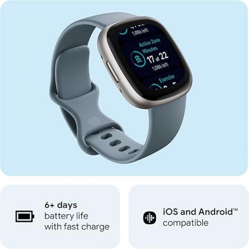  Fitbit Versa 4 Fitness Smartwatch with Daily Readiness, GPS, 24/7 Heart Rate, 40+ Exercise Modes, Sleep Tracking and more, Waterfall Blue/Platinum, One Size (S & L Bands Included)