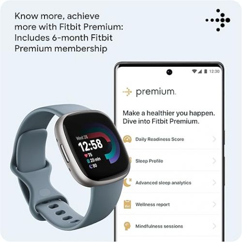  Fitbit Versa 4 Fitness Smartwatch with Daily Readiness, GPS, 24/7 Heart Rate, 40+ Exercise Modes, Sleep Tracking and more, Waterfall Blue/Platinum, One Size (S & L Bands Included)