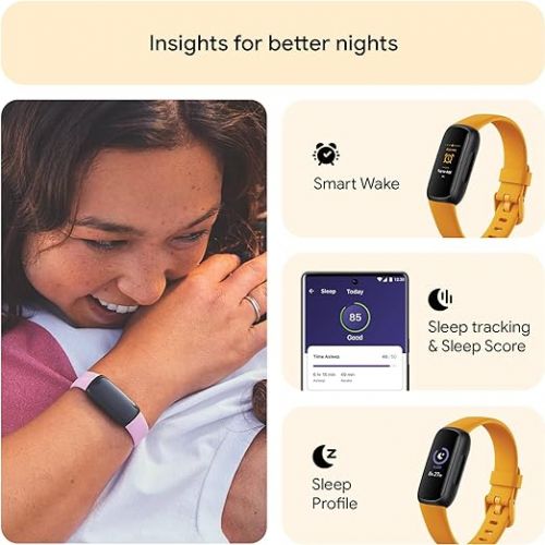  Fitbit Inspire 3 Health &-Fitness-Tracker with Stress Management, Workout Intensity, Sleep Tracking, 24/7 Heart Rate and more, Morning Glow/Black, One Size (S & L Bands Included)