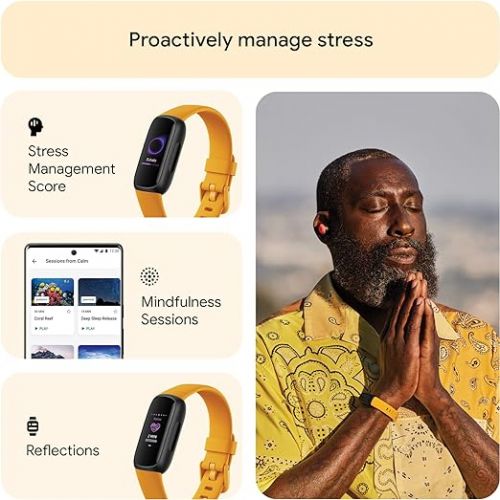  Fitbit Inspire 3 Health &-Fitness-Tracker with Stress Management, Workout Intensity, Sleep Tracking, 24/7 Heart Rate and more, Morning Glow/Black, One Size (S & L Bands Included)