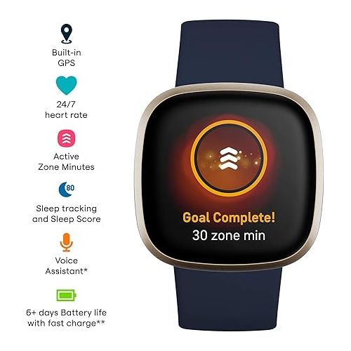  Fitbit Versa 3 Health & Fitness Smartwatch with GPS, 24/7 Heart Rate, Alexa Built-in, 6+ Days Battery, Midnight Blue/Gold, One Size (S & L Bands Included)