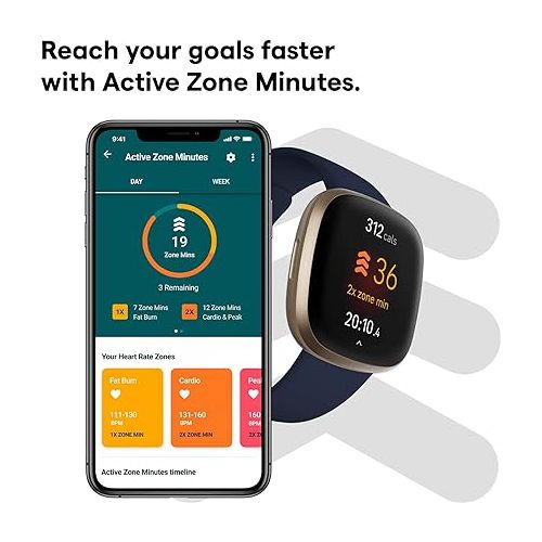  Fitbit Versa 3 Health & Fitness Smartwatch with GPS, 24/7 Heart Rate, Alexa Built-in, 6+ Days Battery, Midnight Blue/Gold, One Size (S & L Bands Included)