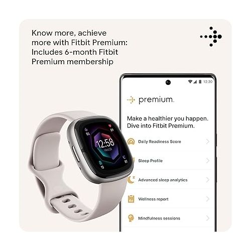  Fitbit Sense 2 Advanced Health and Fitness Smartwatch with Tools to Manage Stress and Sleep, ECG App, SpO2, 24/7 Heart Rate and GPS, Lunar White/Platinum, One Size (S & L Bands Included)